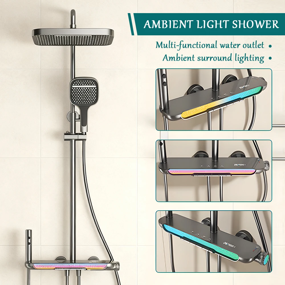 

Thermostatic Digital Display Shower Set Oversized Top Spray Shower Ambient Surround Lighting Home Bathroom Shower System