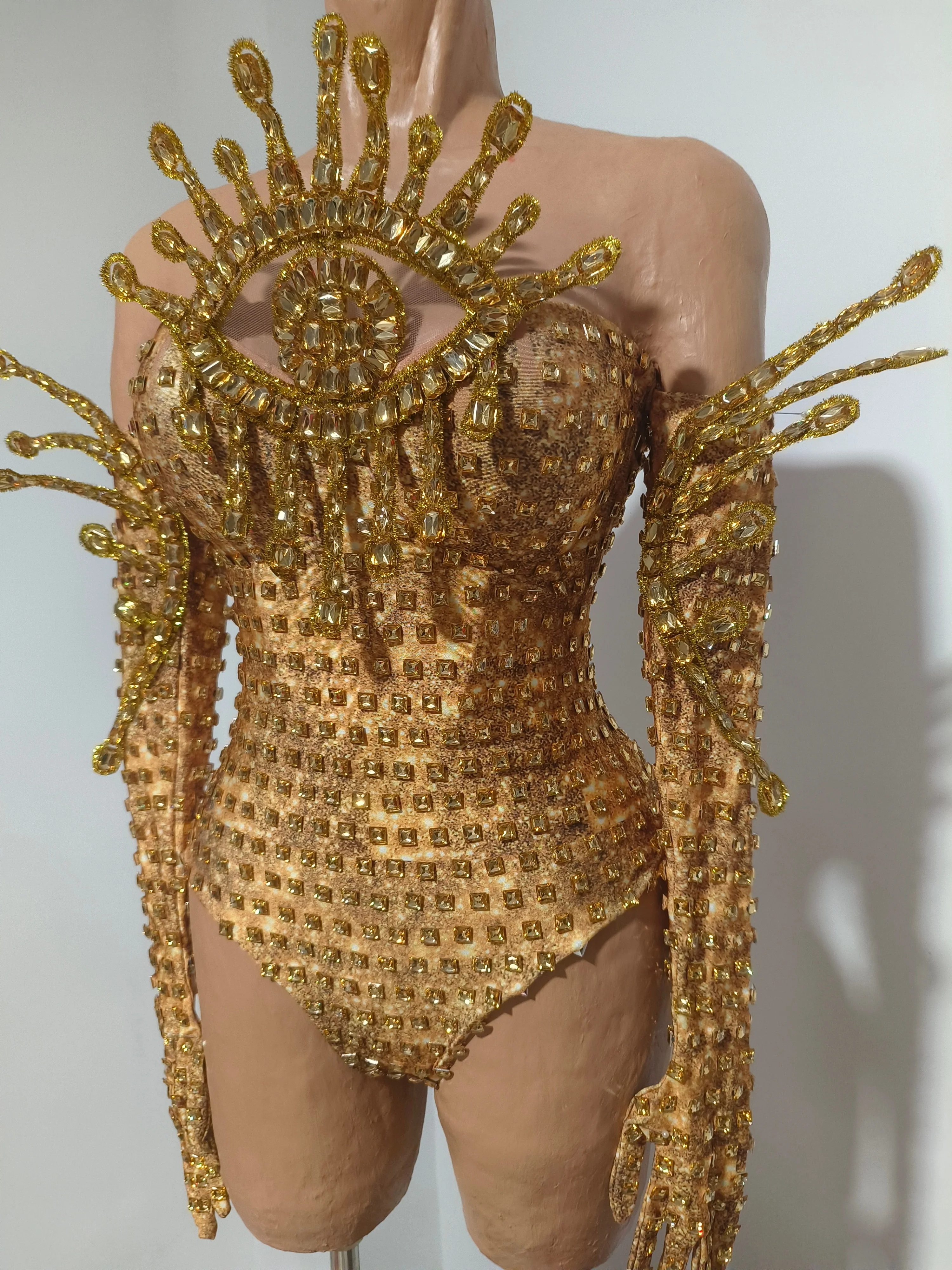 Sexy Sparkly Golden Rhinestones Eyes Stretch Bodysuit Women Eveing Birthday Party Nightclub Bar Singer Dancer DJ Stage Costume