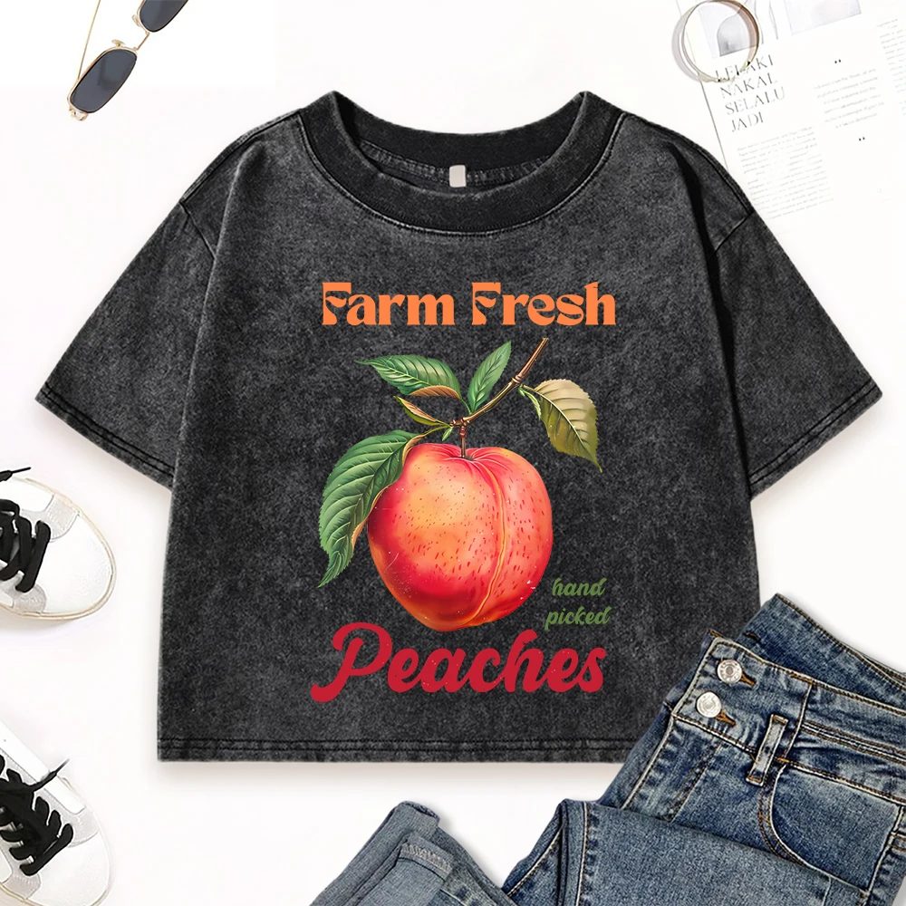 

Farm Fresh Hand Picked Peaches Printing Woman Washed Tee Shirt Slim Casual Top Summer Cotton Clothes Crewneck Fashion Streetwear