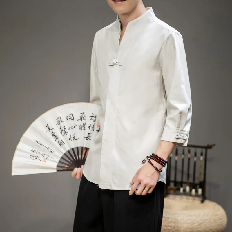 

Loose Fit Cotton Linen irt Men's Youth Chinese Sle Seven Sve Button down Buddhist Robe Large Size Casual Summer irt