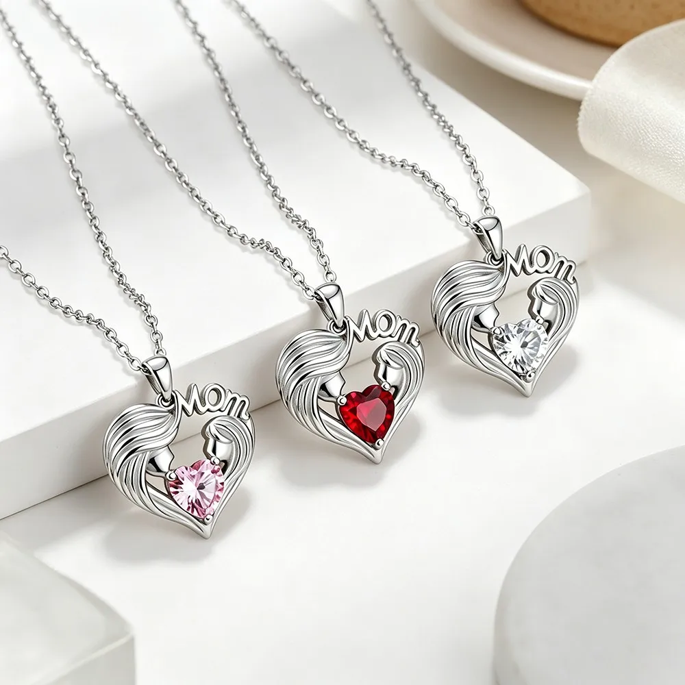 Birthstone Heart Red Mom Pendant Necklace For Women Mother Birthday Girlfriend Valentine Christmas Wedding Luxury Gifts