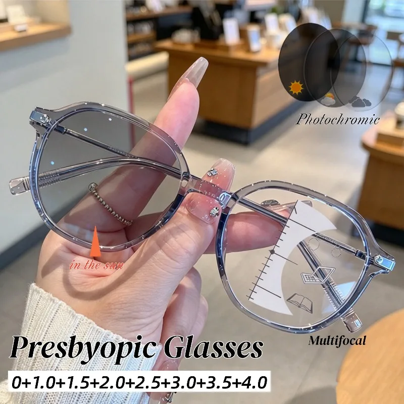 Stylish Large Frame Multifocal Photochromic Presbyopia Glasses Classic Versatile Ultralight High Quality for Far and Near Sight
