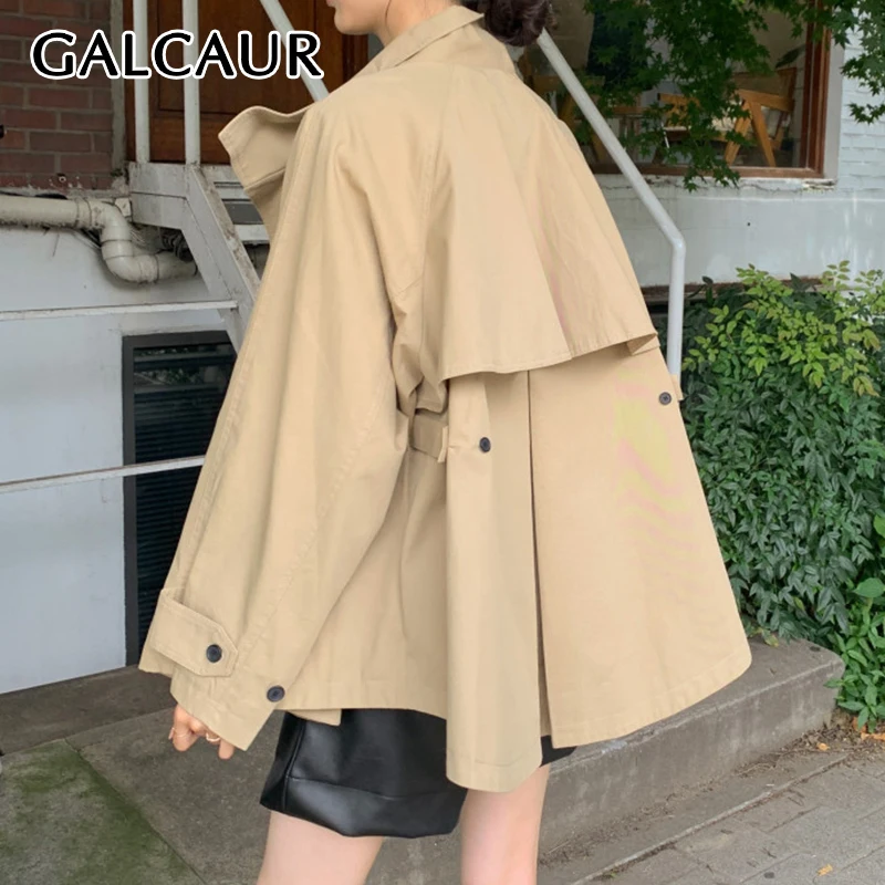 

GALCAUR Khaki Short Trench For Women Stand Collar Batwing Sleeve Spliced Zipper High Street Style Jackets Female Autumn Clothes