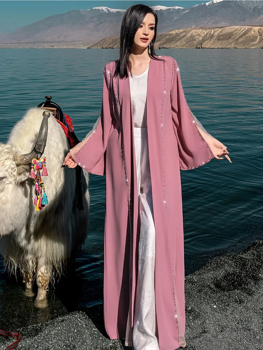 Elegant Beading Abaya Women Cardigan Long Robe Ramadan Morocco Dubai Abayas Kaftan Islam Eid Muslim Vestidos Jalabiya Dresses