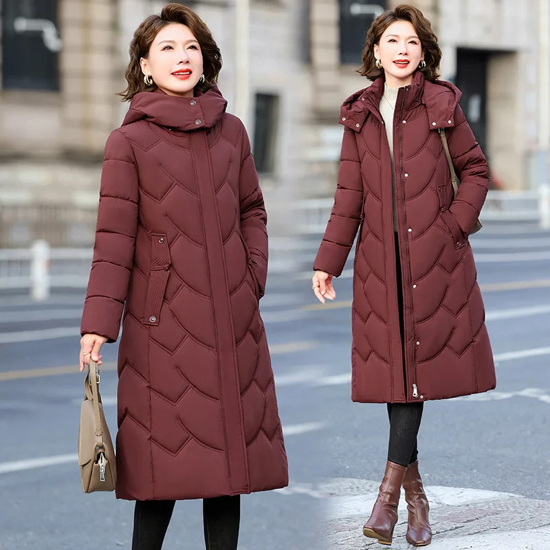 Elegant Wave Quilted Long Puffer Coat Women Detachable Hooded Parkas Zip Up Thickened Windproof Winter Outerwear Casual Jackets
