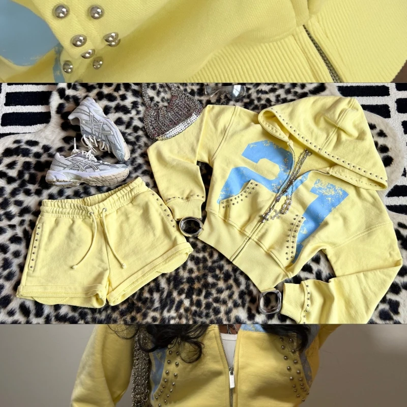 2 Pcs Hoodie Co-ords Yellow Mellow Athletic Set Rivet 21 Print Graphic Sweatsets Y2K Retro Hoodie Summer Shorts Women Sport Sets