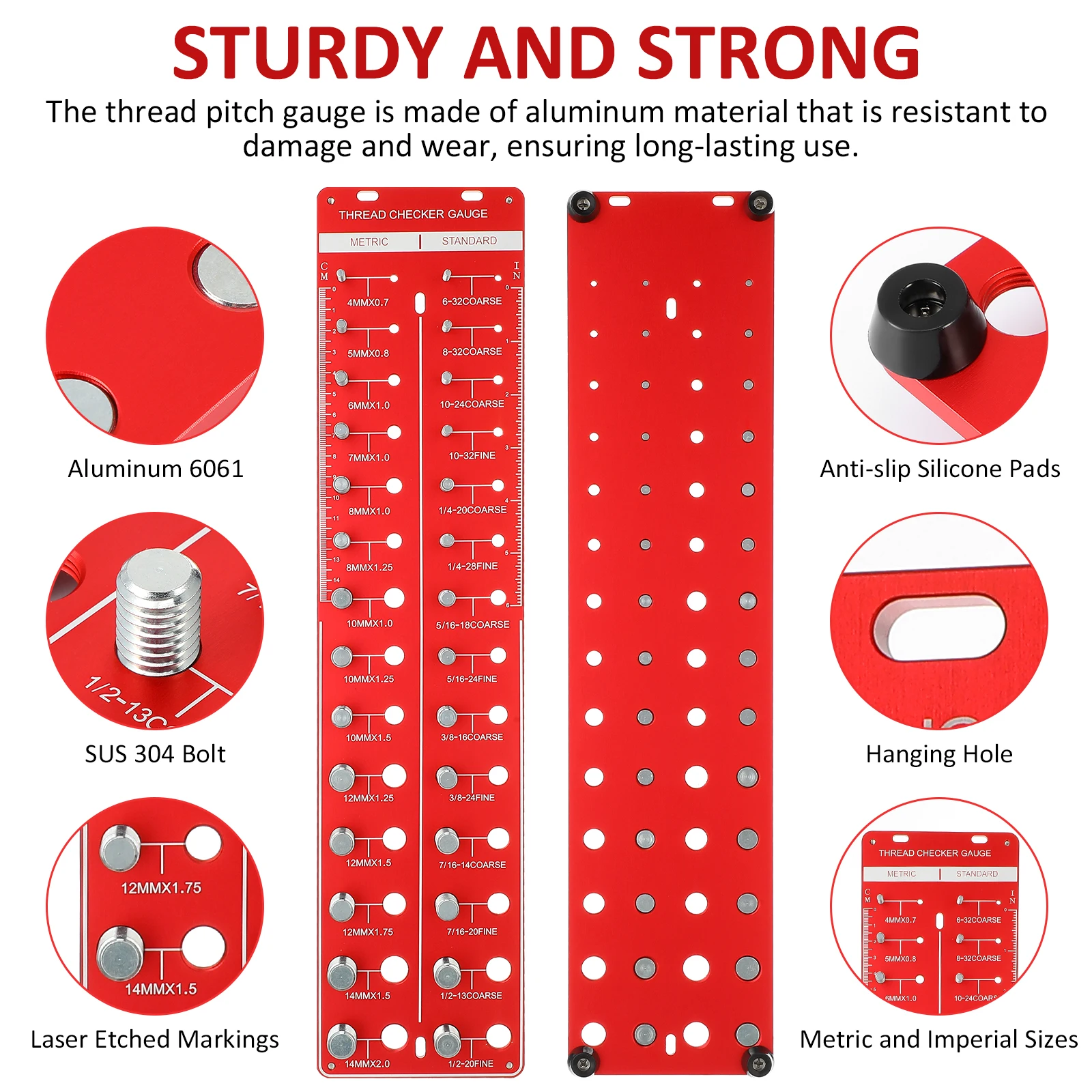 

Thread Checker Screw Identifier Gauge M4- Metric System Red Aluminum 28 Sizes Bolt Nut Measurement Gauges Sturdy
