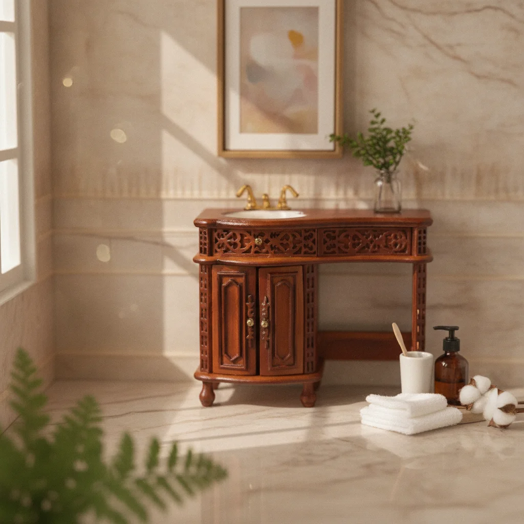 Dollhouse Vanity with Stool Realistic Dollhouse Vanity with Washbasin Sink Cabinet Detailed Furniture Elegant for Miniaturists