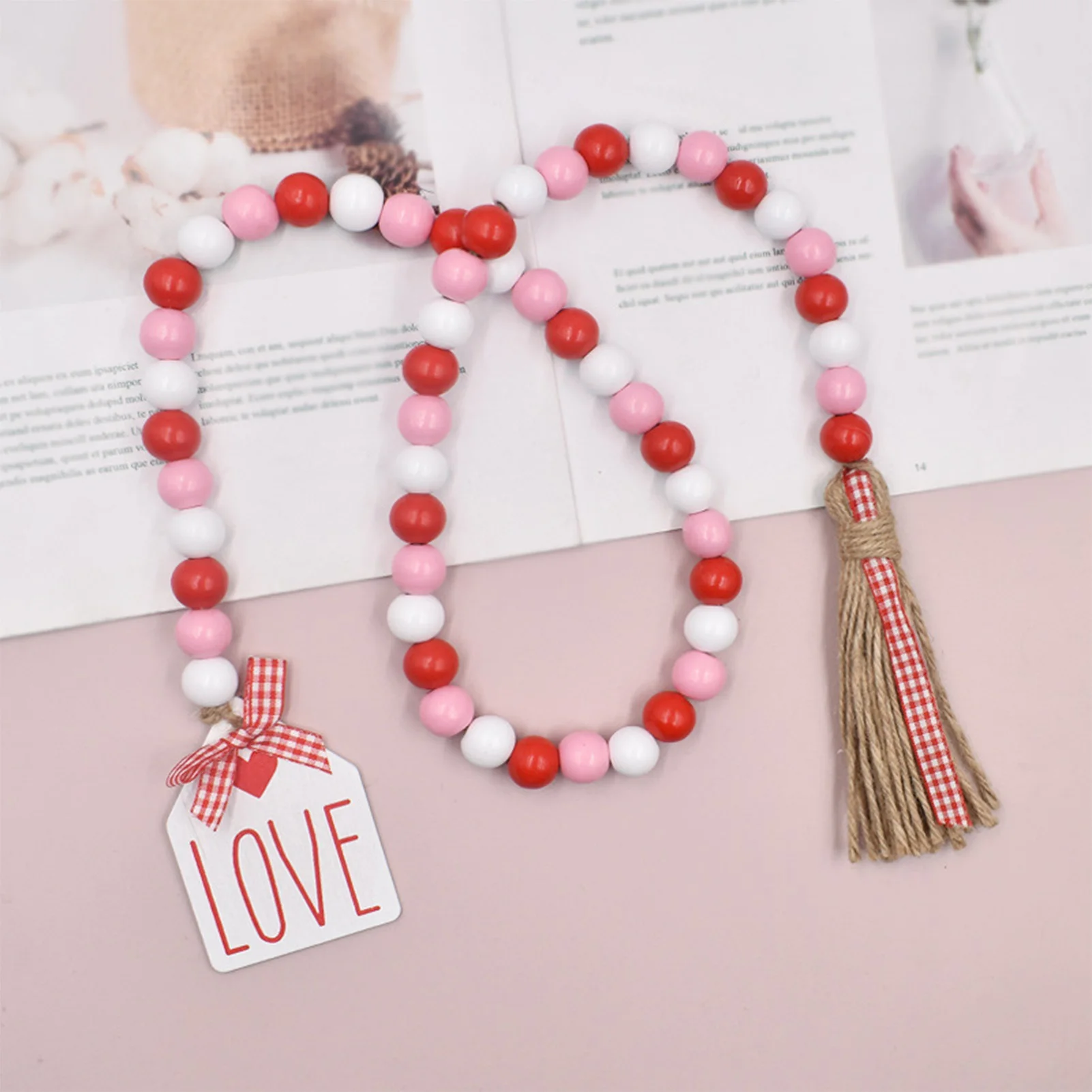 Valentine's Day Wood Beads Garland with Tassel Hanging Ornaments for Wife Husband Valentine Gift