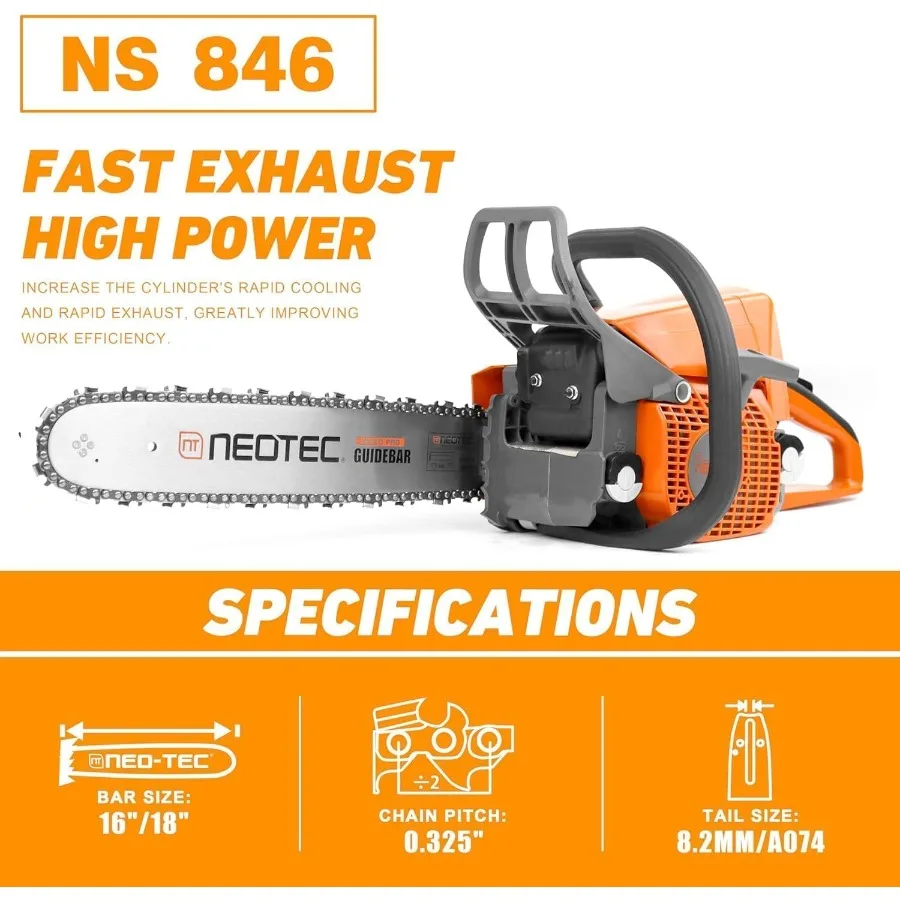 منشار غاز NEOTEC 45.4cc NS846 Powerhead مع شريط توجيه 16 بوصة وسلسلة 3.0 HP 2 24KW منشار سلسلة الطاقة متوافق تمامًا مع #5