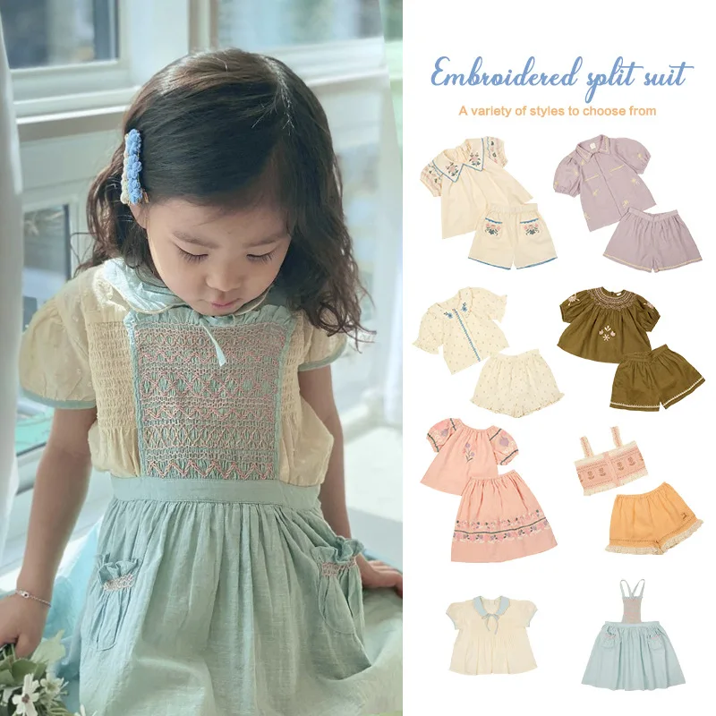 

2024 Summer Apo Girls' Set Same Style Girls' Pastoral Style High Definite Heavy Duty Embroidery Top and Shorts Two holiday sets