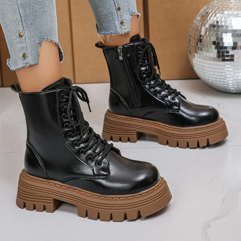 أحذية الموضة النسائية جولة اصبع القدم منصة وحيد كعب مربع الدانتيل متابعة الجانب سستة أحذية قصيرة ريترو الشارع الشرير نمط حذاء من الجلد #3