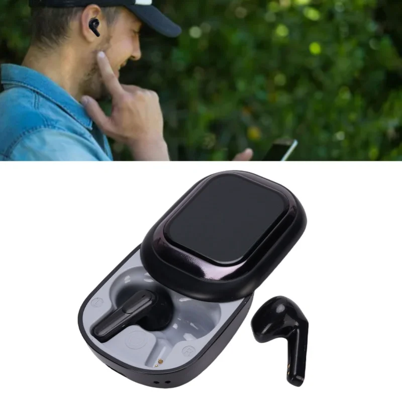 Fones de ouvido Bluetooth portáteis com cancelamento de ruído e estojo de carregamento com tela inteligente, ideais para estudo, trabalho e uso diário.