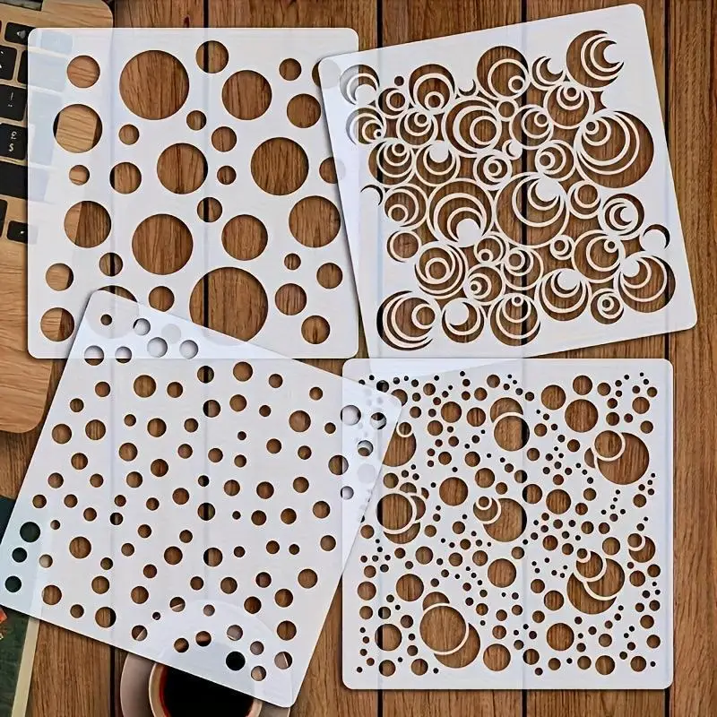 4Pcs Reusable Circle Pattern Stencils Portable DIY Painting Craft Kit for Wall Wood Fabric Paper Art Decor