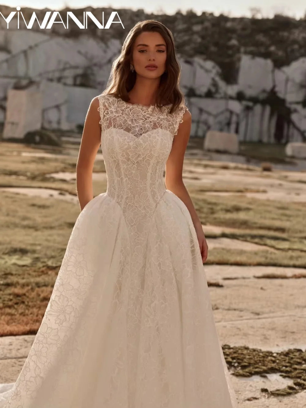

Charming Floral Lace Wedding Dress Modern Sleeveless A-line Long Bridal Gown Customized Elegant Oneck Dresses For Bride
