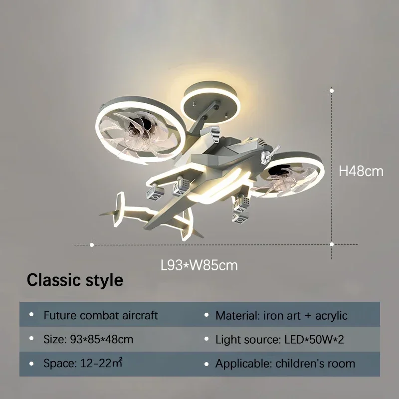 SANDYHA LED Ceiling Fan Light for Kids Room Creative Aircraft Model Remote Control Lighting Fighter Bedroom Decorative Ceiling