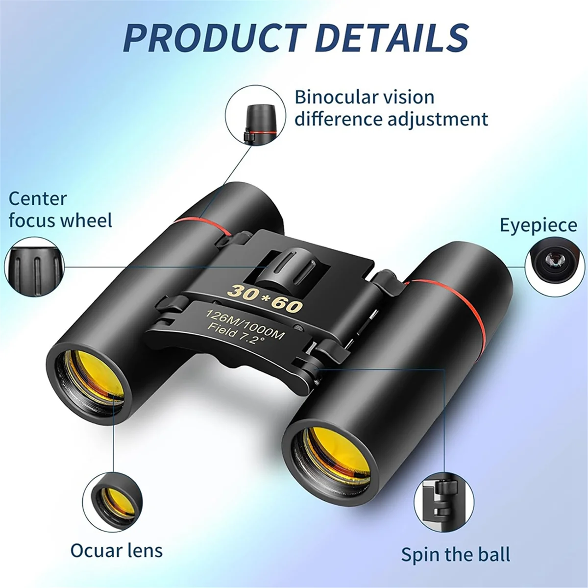 Red Film 30x60 Binoculars, High-Definition Mini Portable Outdoor Binoculars, Suitable for Bird Watching and Travel Rich