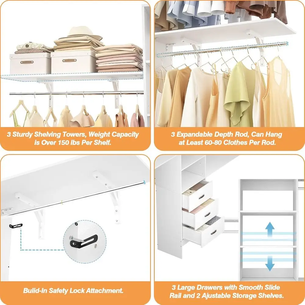8T Closet System, 96'' Closet Organizer System with 3 Hanging Rods, Wall Mount Bedroom Wardrobe with 3 Ders Walk-in Closet, Adju - view 6