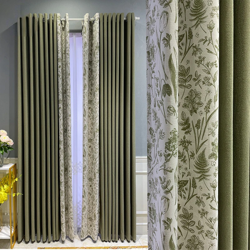 Matcha Green Milk Tea Plant Jacquard Splicing with Thickened Chenille Soundproof Curtains for Bedroom and Living Room Bay Window