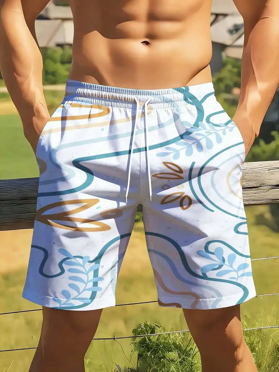 Mens Summer Beach Shorts With Abstract Wave And Leaf Print Comfortable Elastic Waist Casual