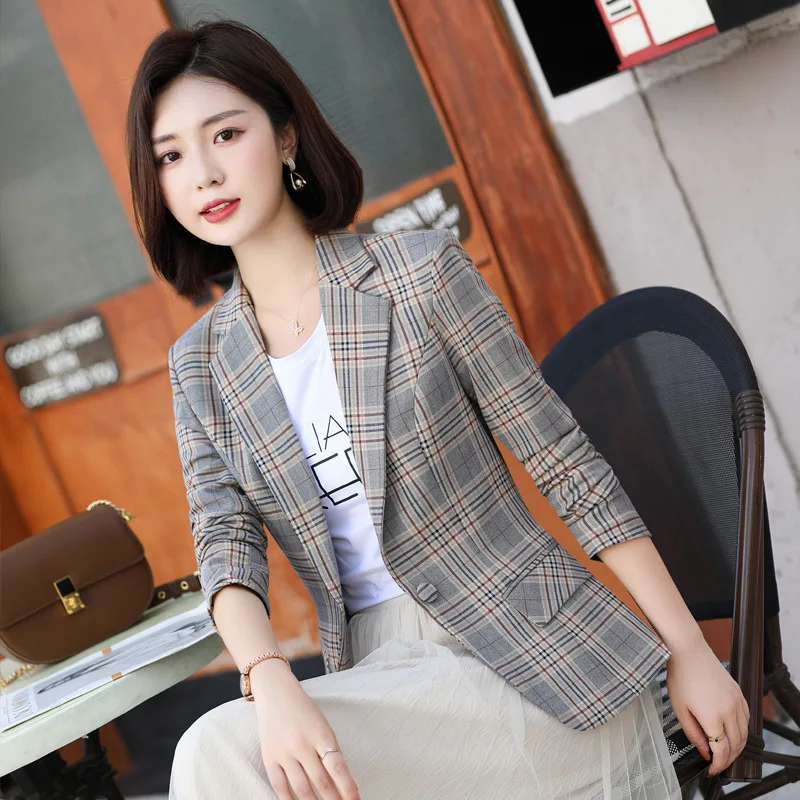 Gray Striped Plaid Blazer Jacket Women\'s Fashion Slim Coats V-Neck Single Button Ladies Blazers S-XXXXXL