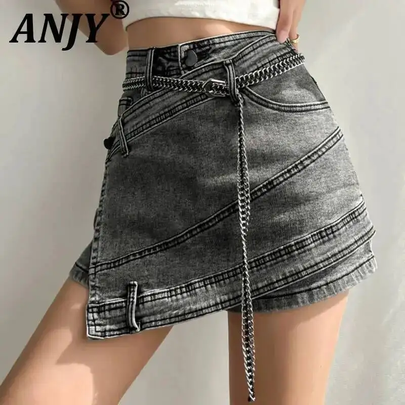 ANJY Summer New Women Tide Mini Skirt Irregular Spliced High Waist Slim Fit Versatile Streetwear Sexy Casual Denim Culotte A8699