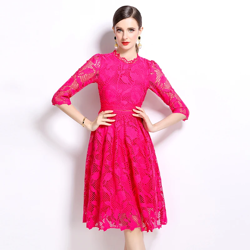 Vintage Autumn Rose Red Water Soluble Lace Flower Knee Dress Fashion Women Stand Collar Hollow Out High Waist Slim Party Clothes