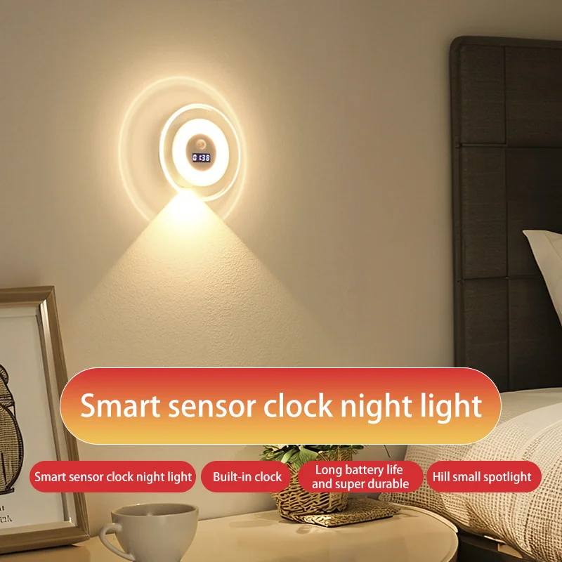 

LED Motion Sensor Night Lights LED USB Rechargeable Lamp with Digital Clock for Bedroom Kitchen Stair Decoration Lighting