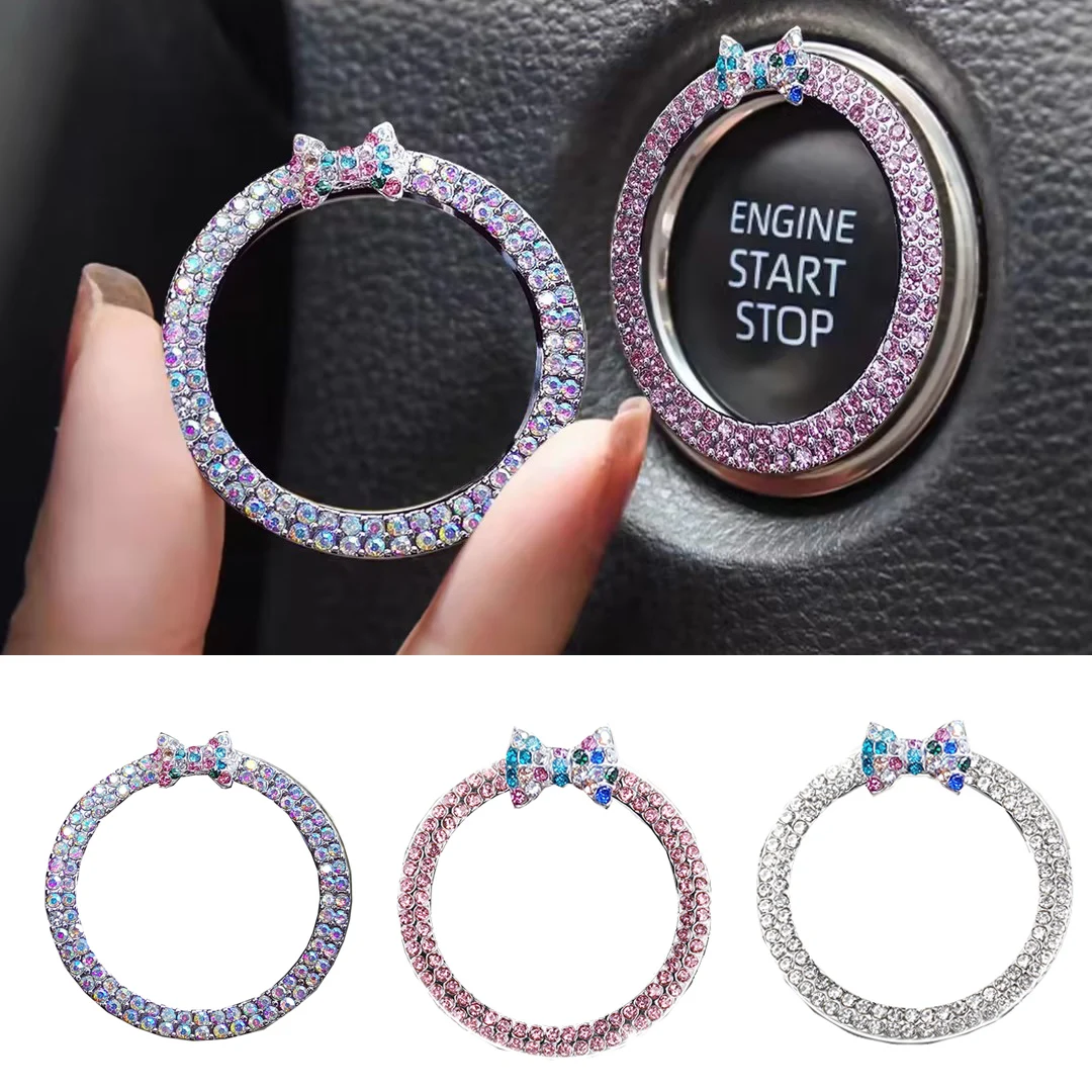 Botón de arranque de coche con lazo de diamantes de imitación, decoración circular de diamante, botón de arranque con un clic, cubierta del botón del interruptor de parada y arranque del motor, 1 ud.