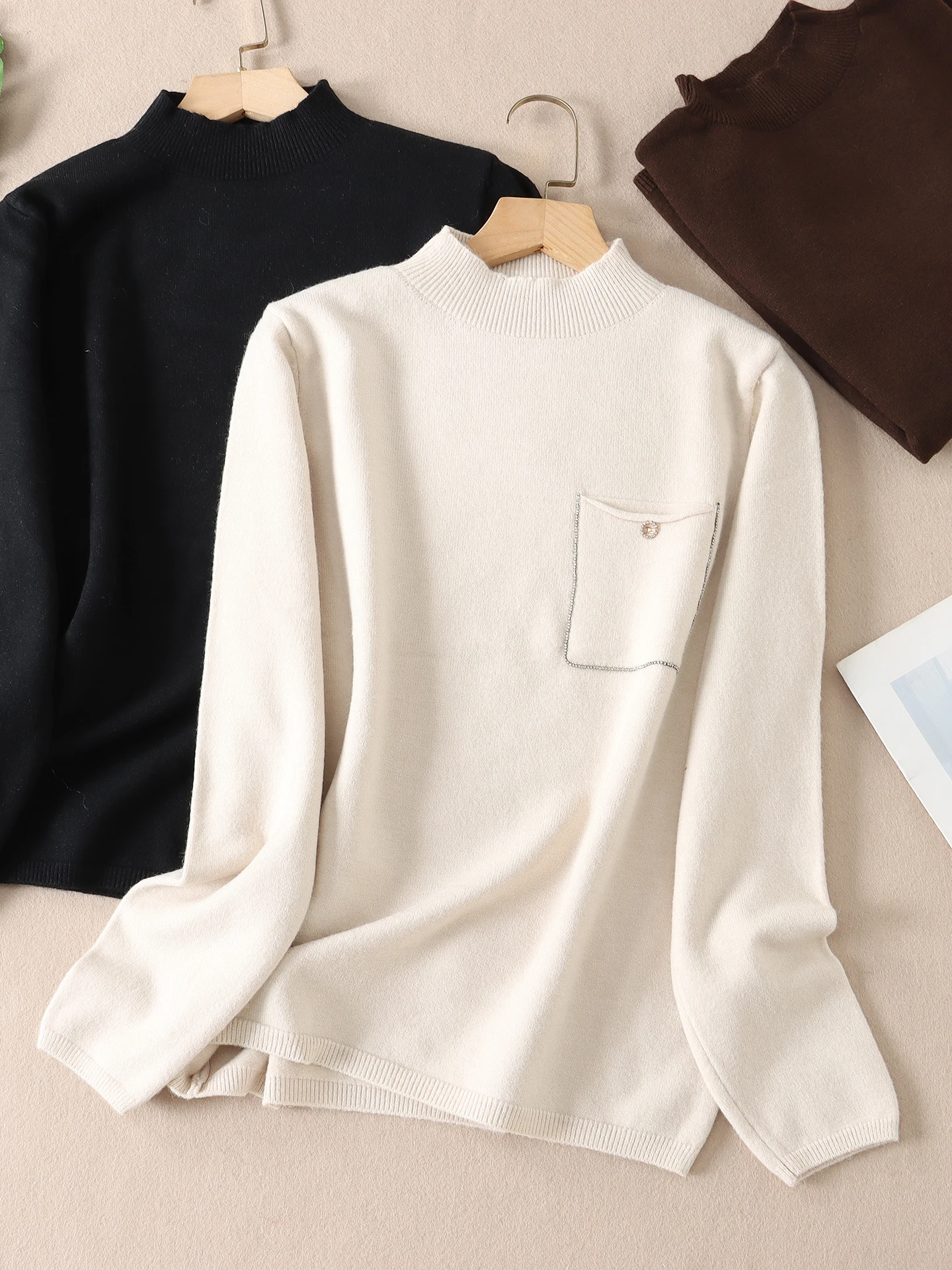 

Ele Diamond ket Knitted f High Ne Sweater Women's Autumn Winter Slimming Base Layer Top Faionable Versatile