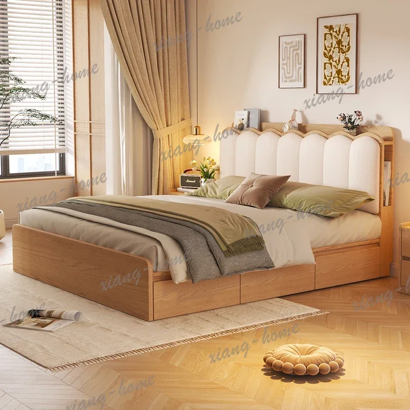 LJY Log Wood Color Bed Minimalist Modern Pneumatic High Box Storage Bed with Light and USB Charging Interface Furniture Bed 2 Pe