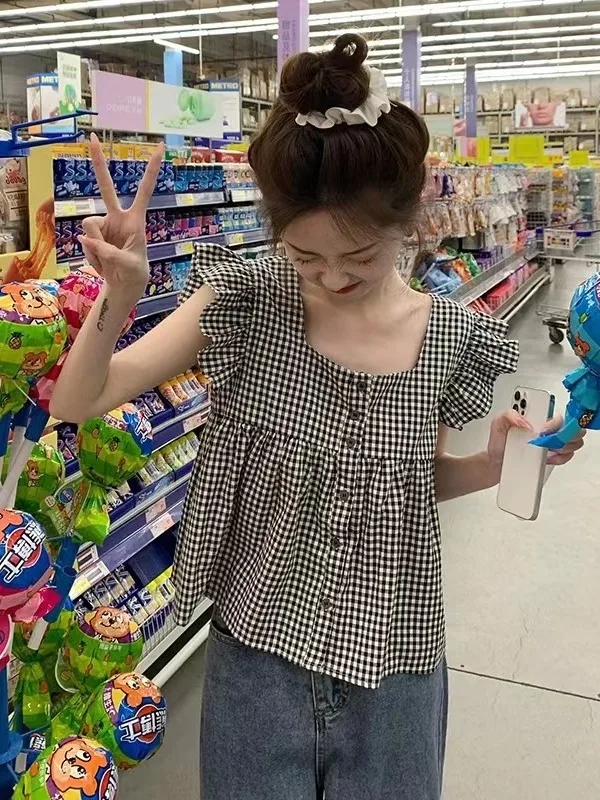 

Korean Style Plaid Shirt Cute Loose Fairy Sleeve Backless Summer Fashionable Square Collar Top Women's Straight Cut Short Length