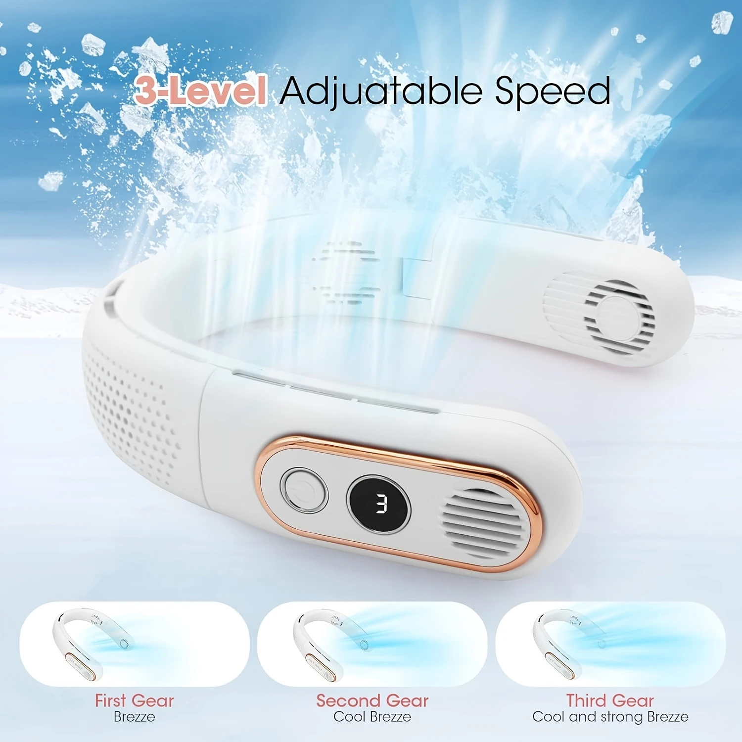 مروحة الرقبة، 4 مروحة محمولة قابلة للطي، مروحة رقبة خالية من الشفرة بقدرة 6000 مللي أمبير في الساعة قابلة لإعادة الشحن، شاشة LED، 3 سرعات قابلة للتعديل، ° التبريد أ