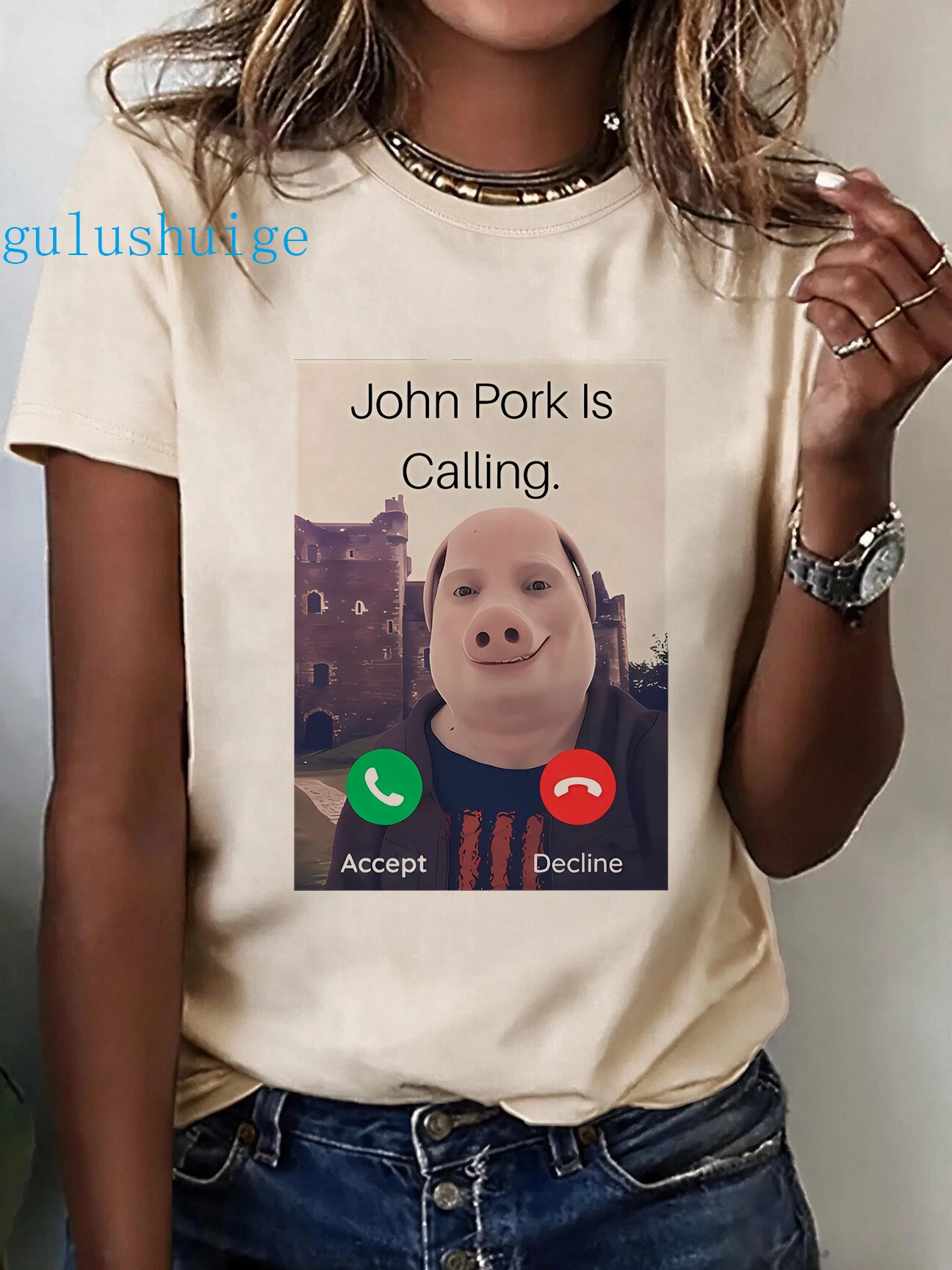 John Pork Is Calling Answer Call Phone T-Shirt Humor Funny Pig Lover Graphic Tee Top Streetwear Fashion Short Sleeve Outfit Gift