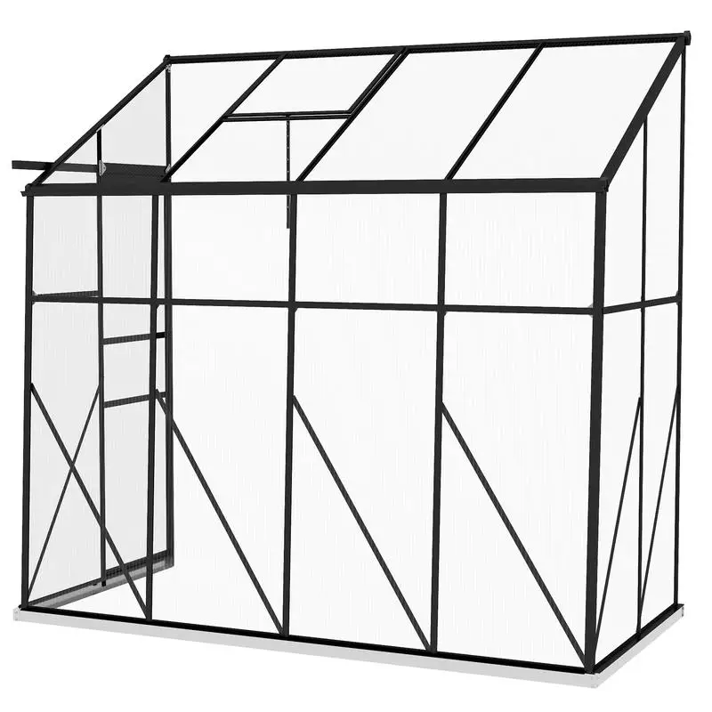 

Lean-To Greenhouse, Garden Polycarbonate Greenhouse, with Sliding Door, Adjustable Skylight, Base, 127 X 253 X 240 cm Black