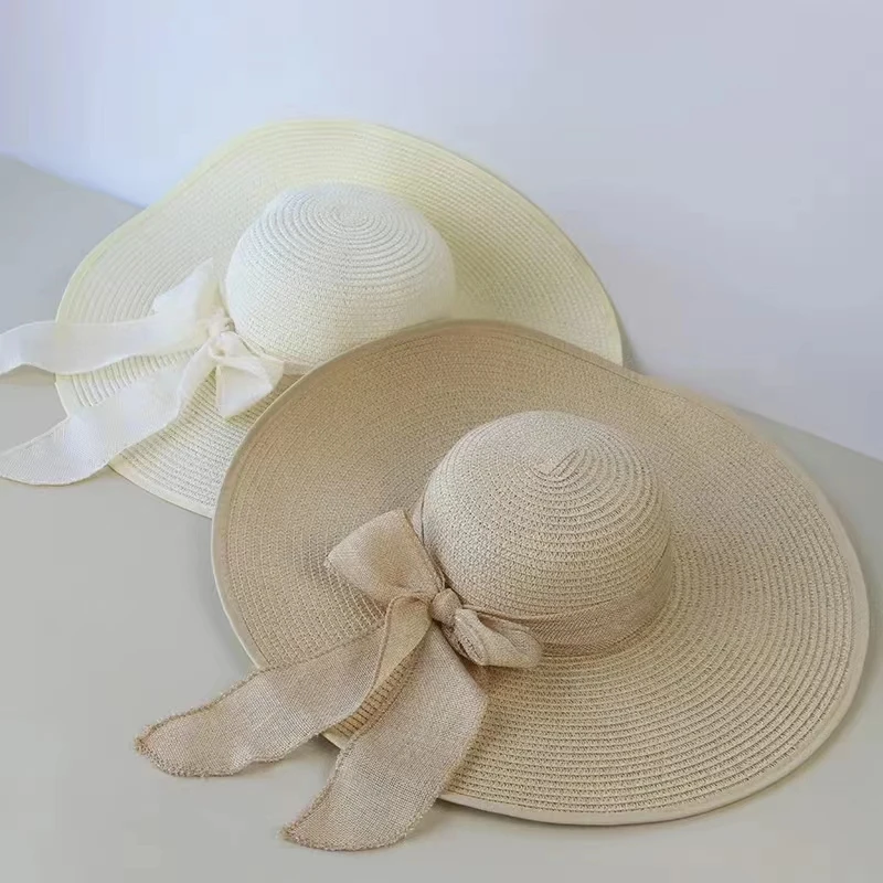 Summer Women Straw Hat Bowknot Wide Brim Floppy Panama Hats Female Lady Outdoor Foldable Beach Sun Cap