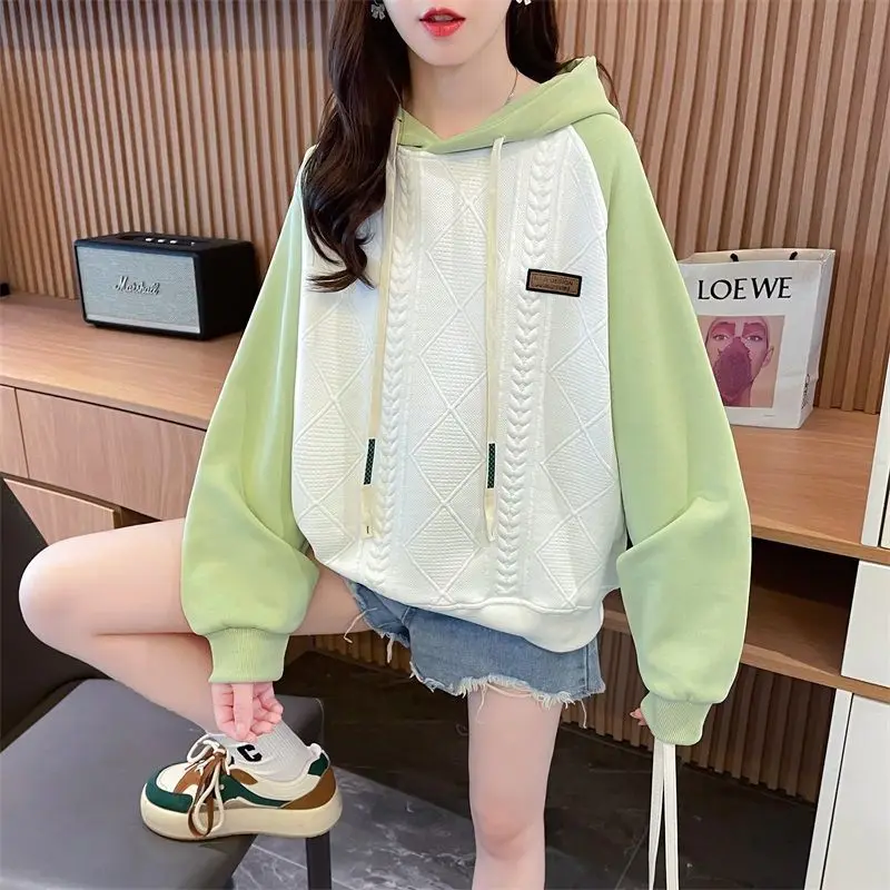 Casual Korean Contrast Color Spliced Sweatshirts 2023 Autumn Winter Fashion All-match Long Sleeve Hooded Tops Women\'s Clothing