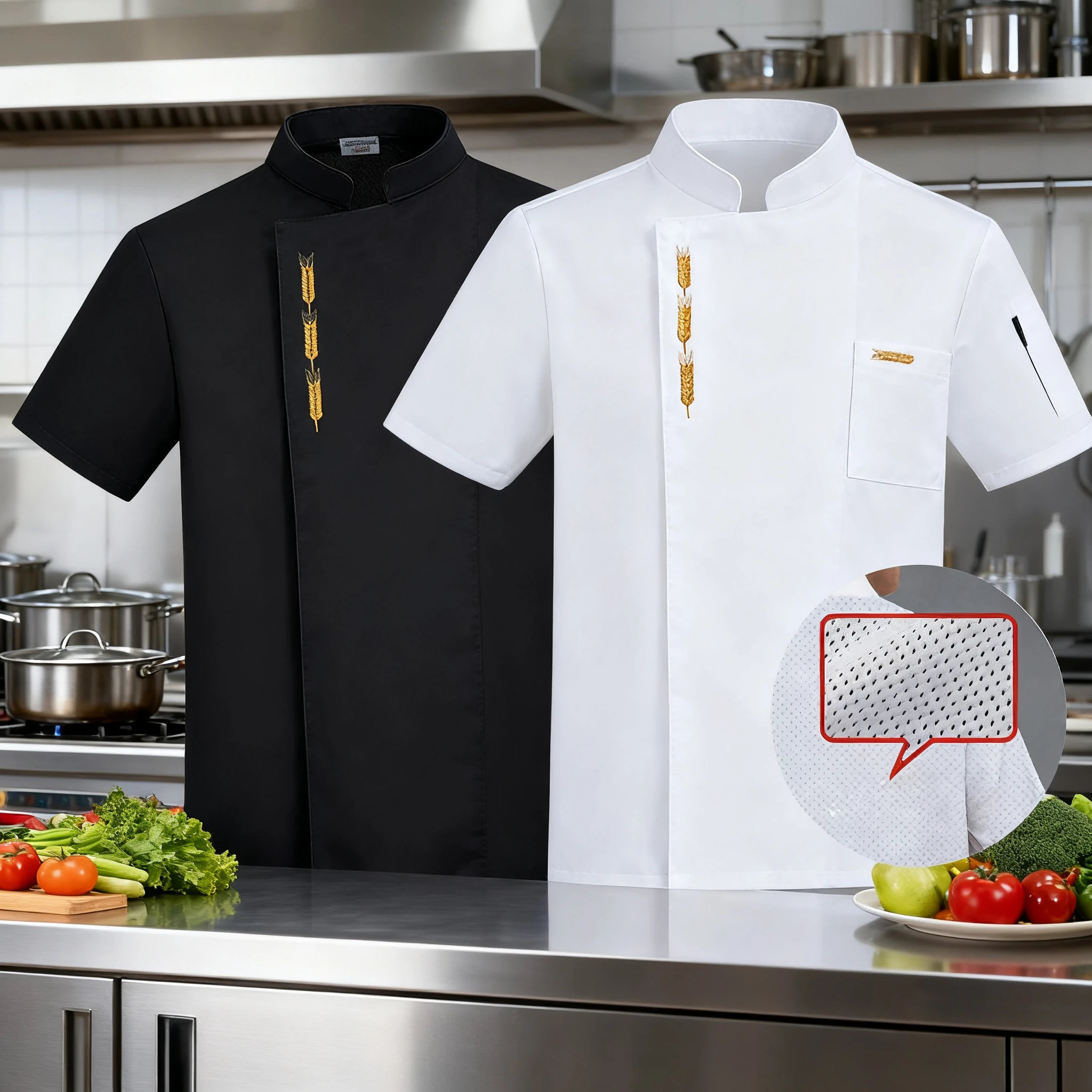 Chef-kokuniformen met korte mouwen voor mannen en vrouwen. Dezelfde stijl zoals gedragen door beroemdheden, geschikt voor gebruik in restaurants