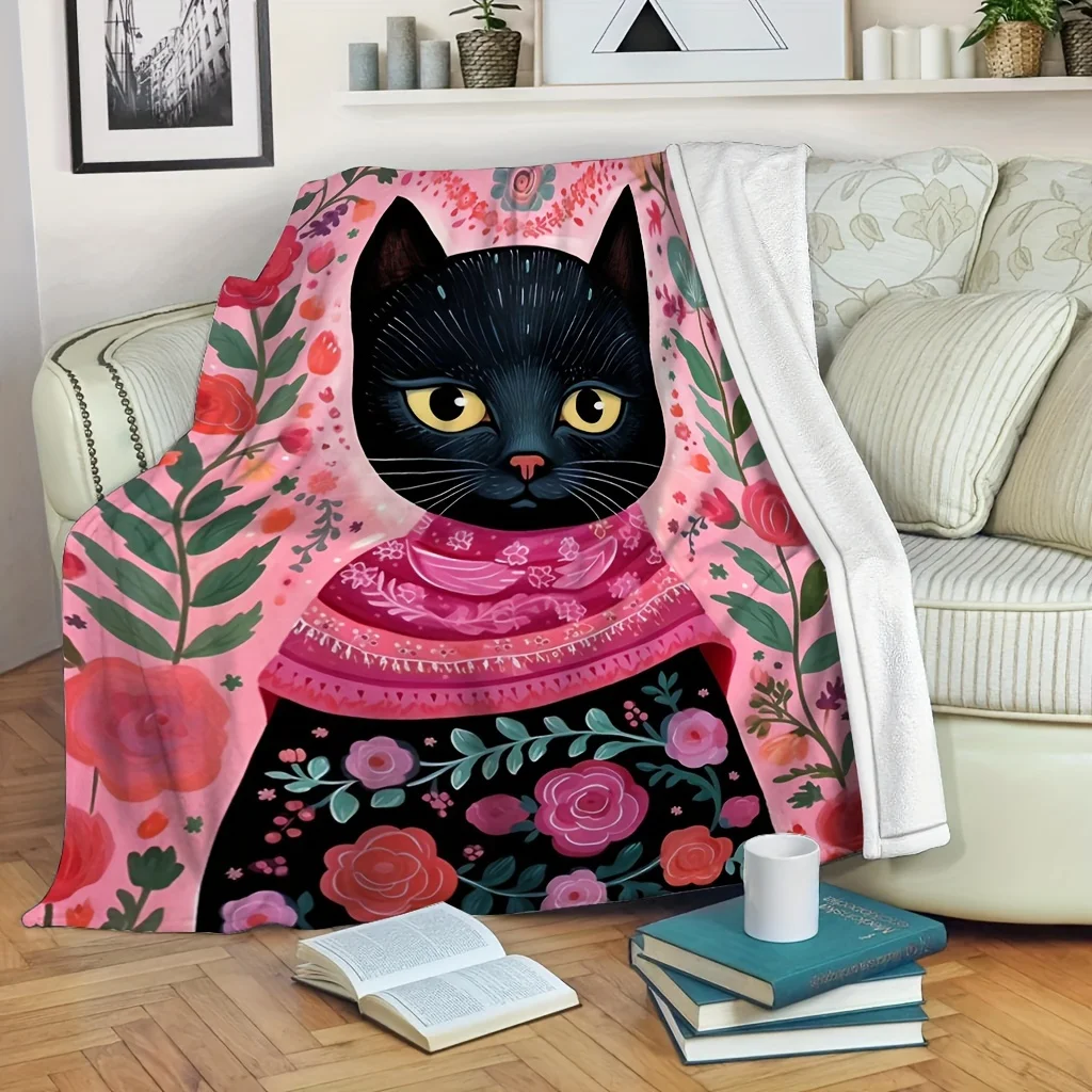 Vintage Warmth Guard Black Cat Flannel Blanket, Soft and Cozy for All Seasons - Suitable for Home Use or Office Naps