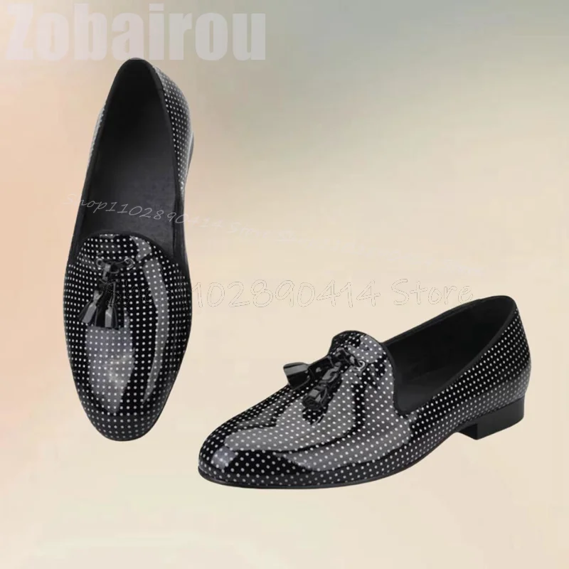 

Wave Point Print Black Patent Leather Men Loafers Fashion Slip On Men Shoes Luxury Handmade Party Feast Wedding Men Dress Shoes