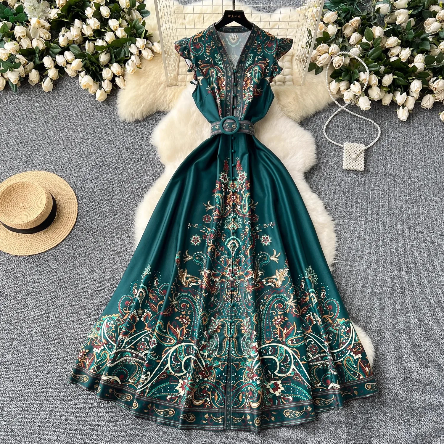 2024 Summer Women Clothing Runway Fashion Paisley Print Flying Sleeve V-Neck Single Breasted Belted Vintage Party Long Vestidos