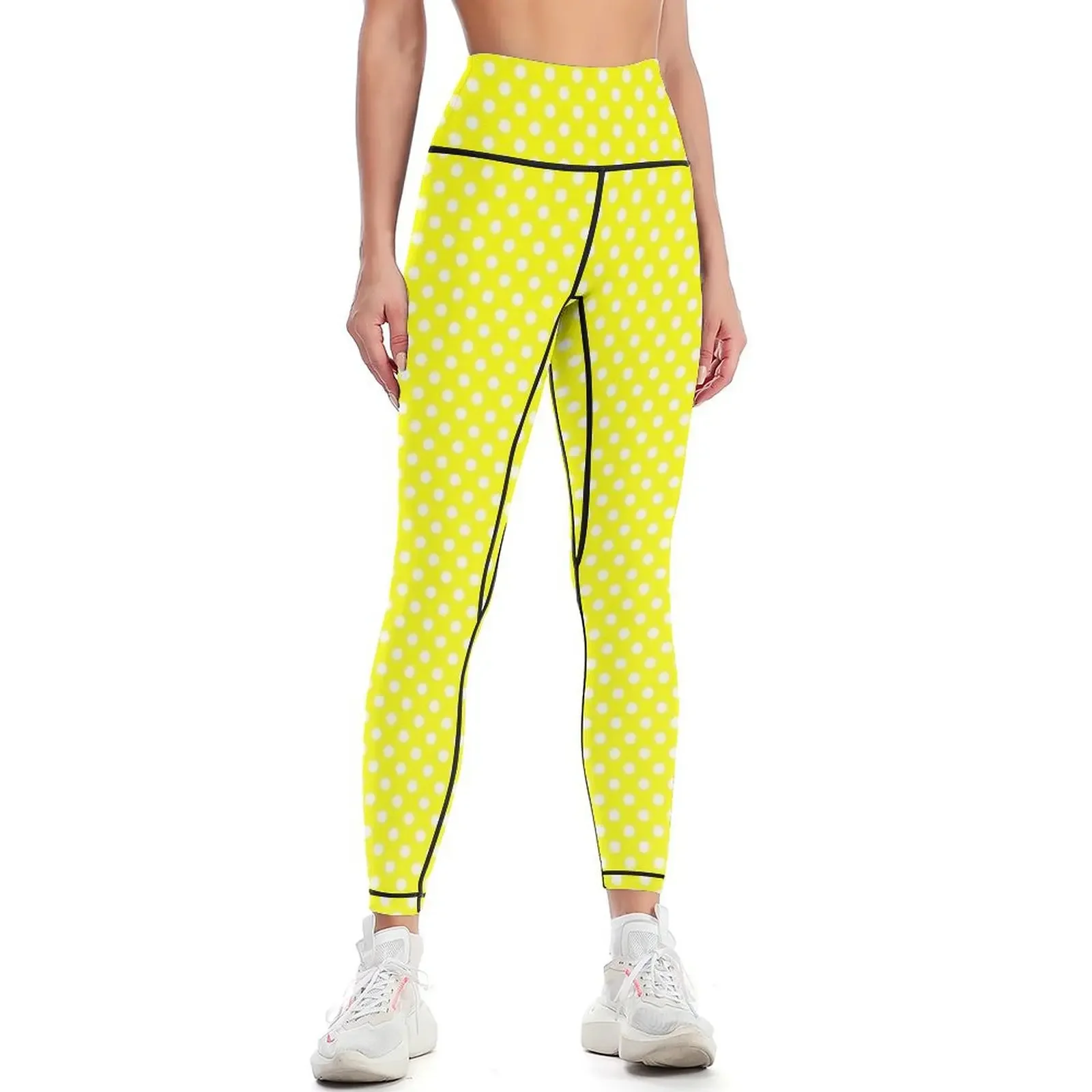 White Polka Dots on Yellow Background Leggings Tight fitting woman trousers for physical flared Womens Leggings
