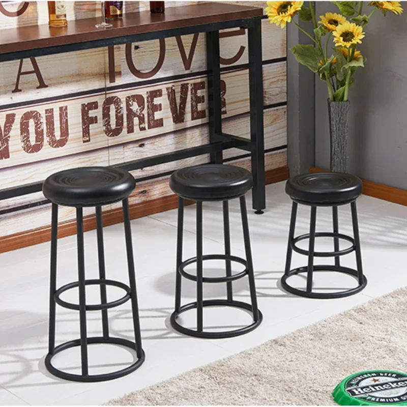 Chic Iron Bar Chair, High-Quality Leather Round High Stool with Non-Slip Foot Mat, Ideal for Counter and Business Hall