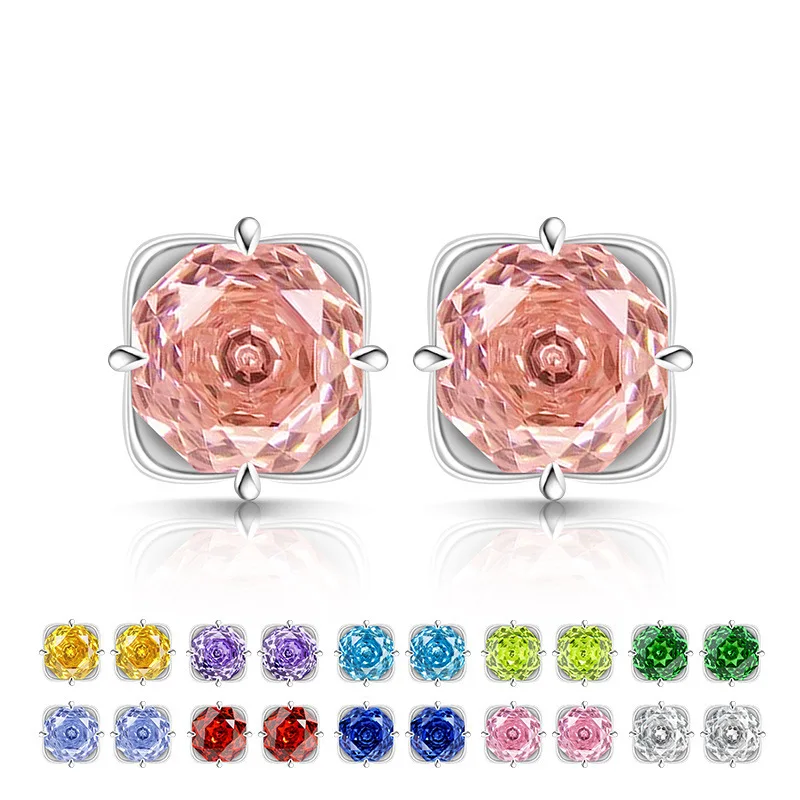 

925 Sterling Silver Dream Light Luxury Rose Cut High Carbon Diamond Petal Bottom Support Ladies Simple Stud Earrings