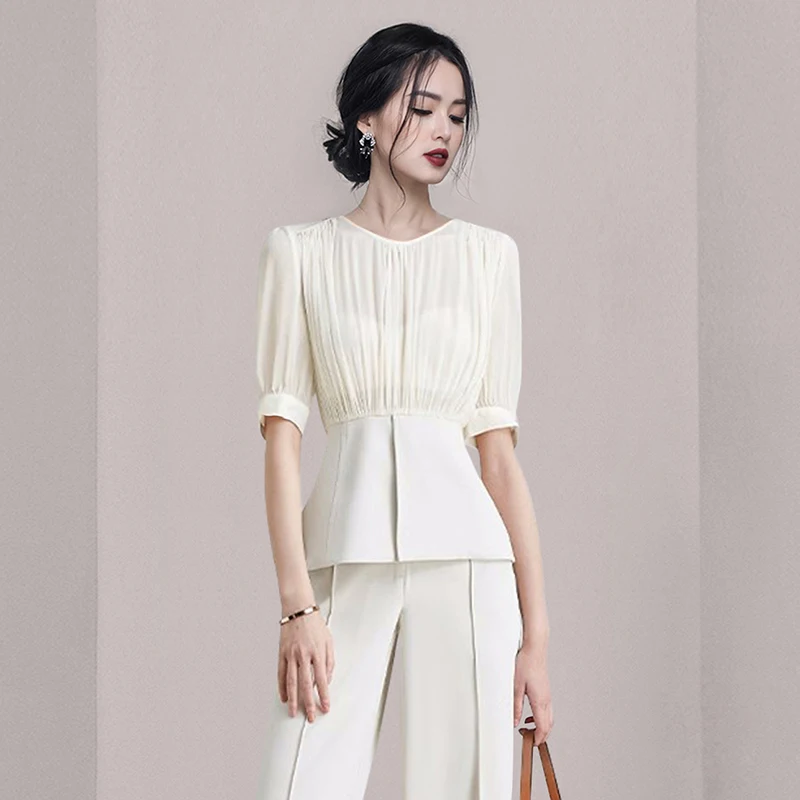 New Spring Summer Office Ladies 2 Piece Suits 2024 Elegant Women O Neck Long Sleeve Ruffles Tops + Pockets Work Wide-Leg Pants