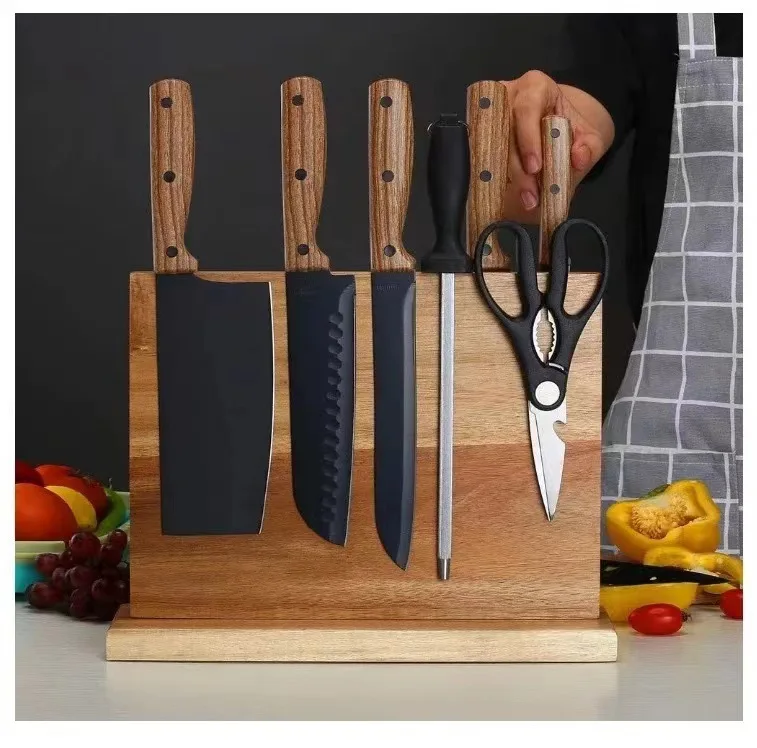 New Wooden Dual-Side Magnetic Knife Block Holder, Kitchen Knife Storage Rack with Strong Enhanced Magnets