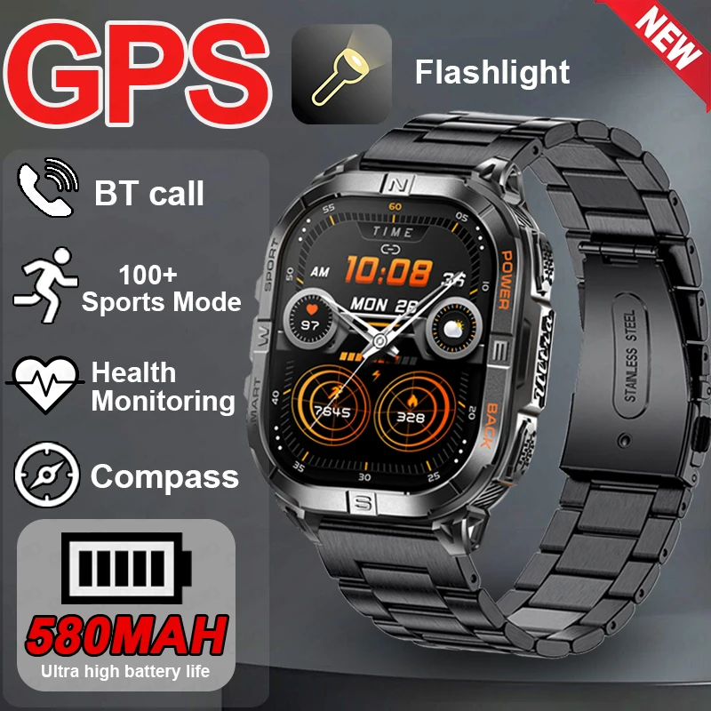 

2025 Новые Смарт-часы GPS Светодиодный фонарик 100+ Спортивный режим 580 мАч Компас Мониторинг здоровья 3ATM Водонепроницаемые BT Call Смарт-часы