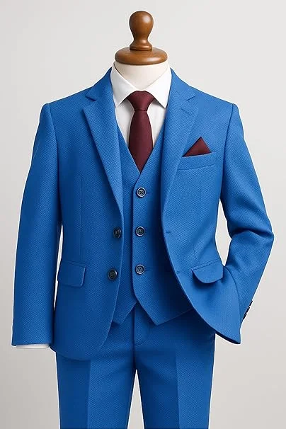 طقم بدلة للأولاد مكون من 3 قطع بقصة ضيقة باللون الأزرق للأطفال بدلات رسمية لأداء الأطفال الصغار بدلة سهرة لحفلات الزفاف وحفلات التخرج الزي الكلاسيكي للمراهقين