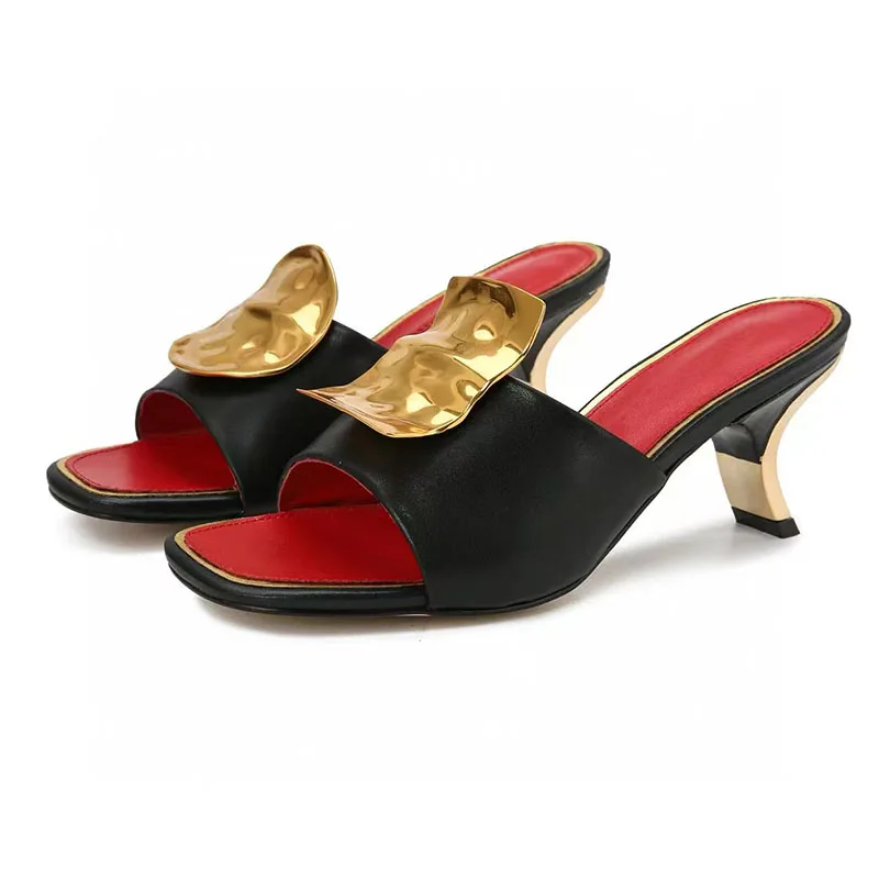 Gold Metal Decor Gladiator Sandals Woman Open Toe Black Green Brown Leather Strange High Heel Shoes Lady Sexy Muller Slippers image 4