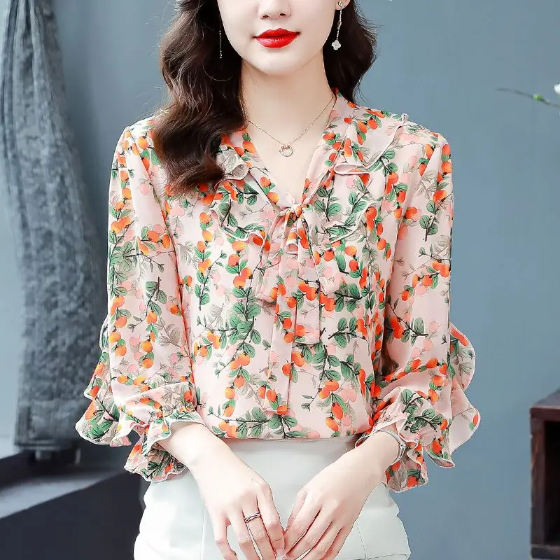 2023 New Summer Elegant Printing Chiffon V-neck 3/4 Sleeve Blouse Ladies Fashion Ruffles Pullover Loose Shirts Women Clothing